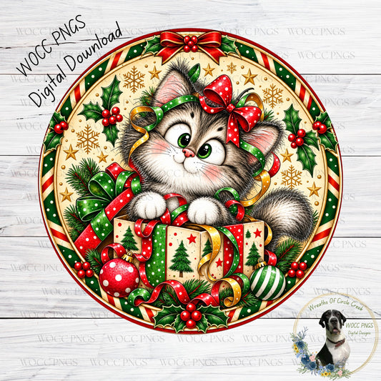A festive Christmas-themed illustration featuring a cute gray and white cat wearing a red bow, surrounded by holiday decorations such as holly, berries, and ornaments.