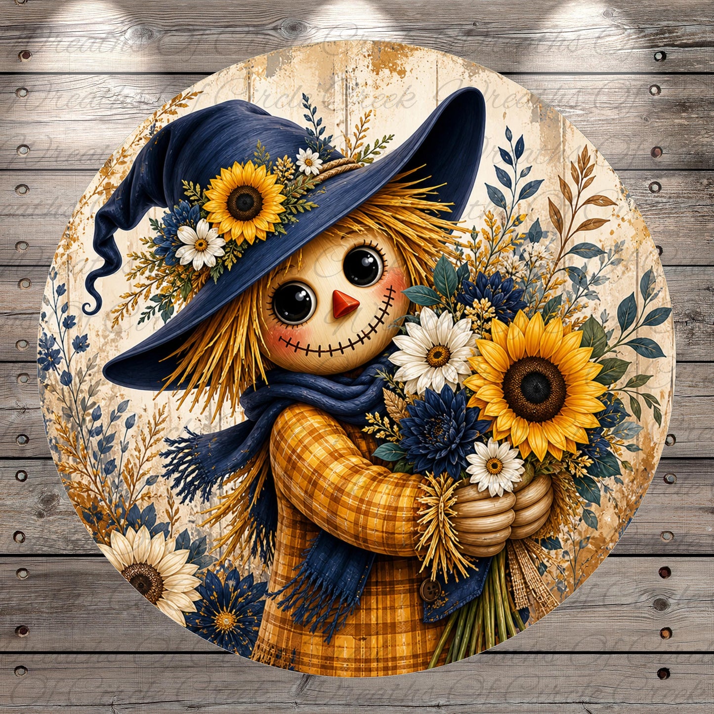 A round, decorative image depicting a scarecrow holding a bouquet of flowers, with a whimsical and charming appearance.