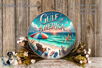 Gulf of America Sunset Sign | Lightweight Round Metal Wreath Sign | No Holes in Sign | Coastal Americana Decor