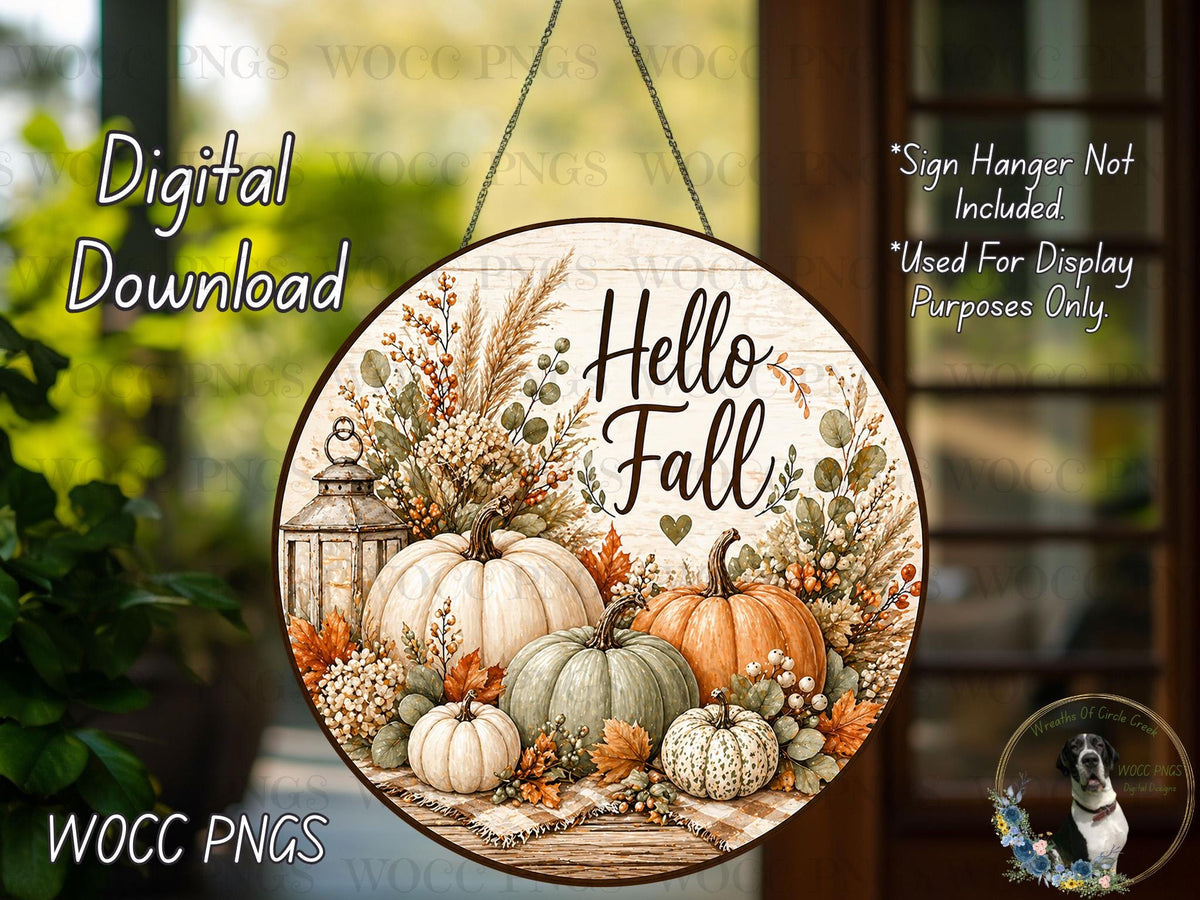 The image is a digital download of a round sign with a fall-themed design, featuring pumpkins, leaves, and other autumnal elements.