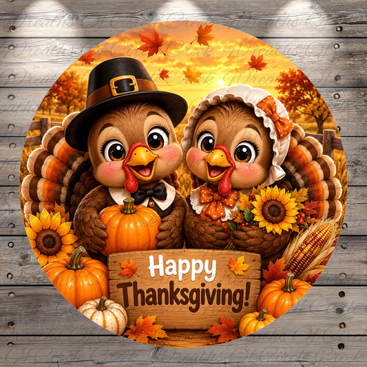 A cheerful Thanksgiving scene featuring two cartoon turkeys dressed in traditional attire, surrounded by autumn decorations such as pumpkins, sunflowers, and corn cobs. The turkeys are holding pumpkins and a sign that reads "Happy Thanksgiving!".