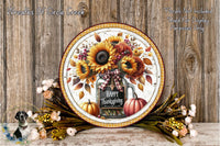 A decorative plate with a floral arrangement and a "Happy Thanksgiving" message, placed on a wooden surface.
