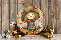 A decorative wreath featuring a scarecrow with a face, surrounded by fall-themed elements such as flowers, leaves, and a pumpkin.