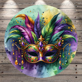 A vibrant and ornate Mardi Gras mask with colorful feathers, beads, and intricate designs, set against a backdrop of watercolor splashes and a wooden wall.