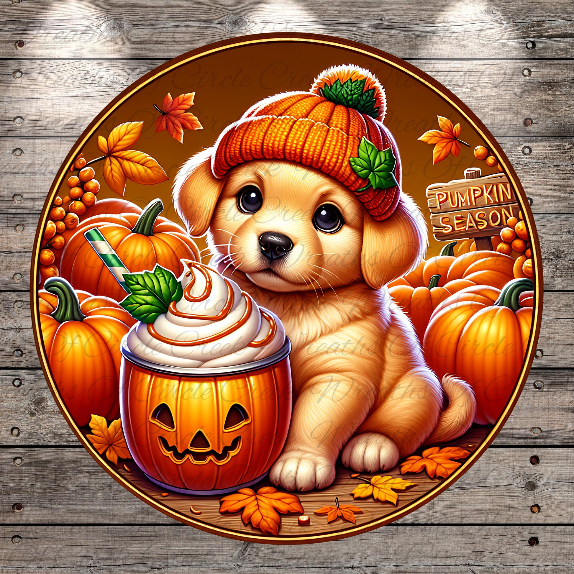 A cute golden retriever puppy wearing a pumpkin-themed hat and sitting next to a carved pumpkin, surrounded by pumpkins and autumn leaves.