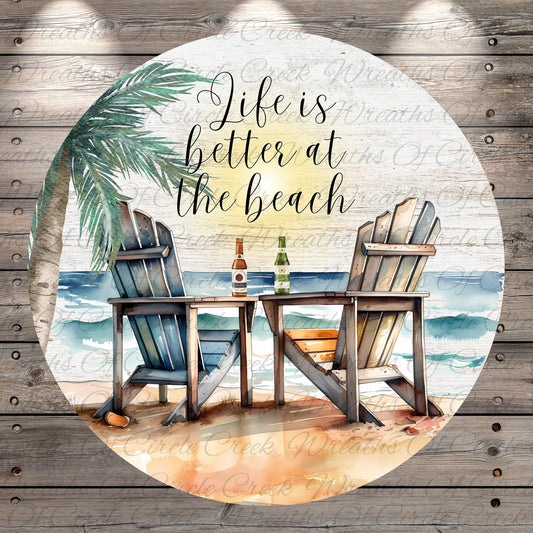 A circular image with a beach scene, featuring two wooden beach chairs, a table, and a palm tree, along with a quote that says "Life is better at the beach".