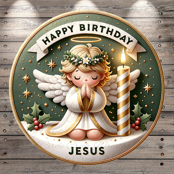 A circular graphic with a white angel holding a lit candle and surrounded by holly leaves, berries, and stars. The angel is wearing a white robe and has a halo. The text "HAPPY BIRTHDAY JESUS" is displayed above the angel.