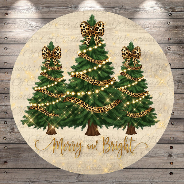 A festive Christmas scene with three decorated Christmas trees, each adorned with leopard print bows, and the text "Merry and Bright" written below them.