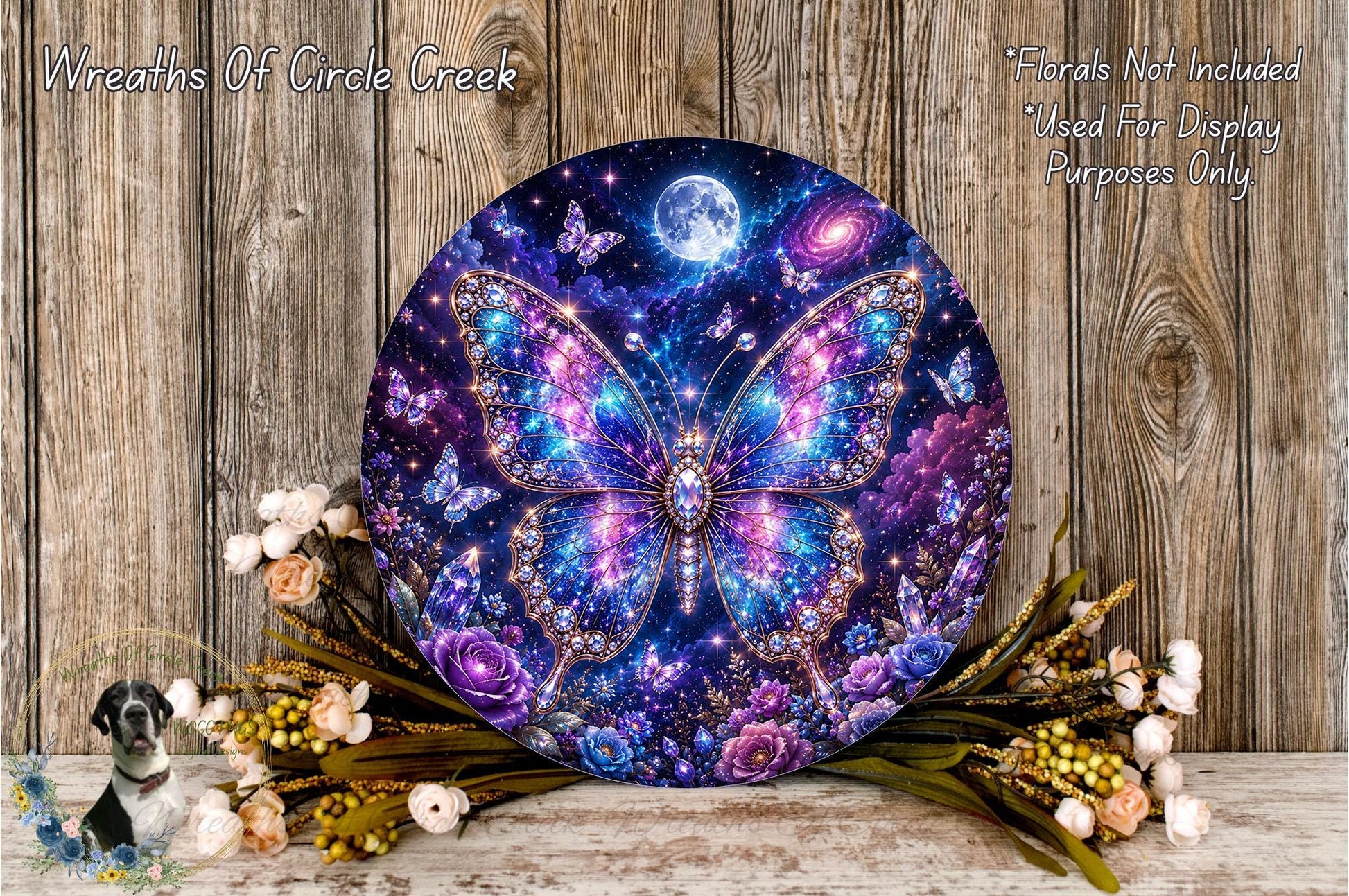 a large, circular, and colorful butterfly-themed artwork with a night sky background, surrounded by flowers and a wooden wall.