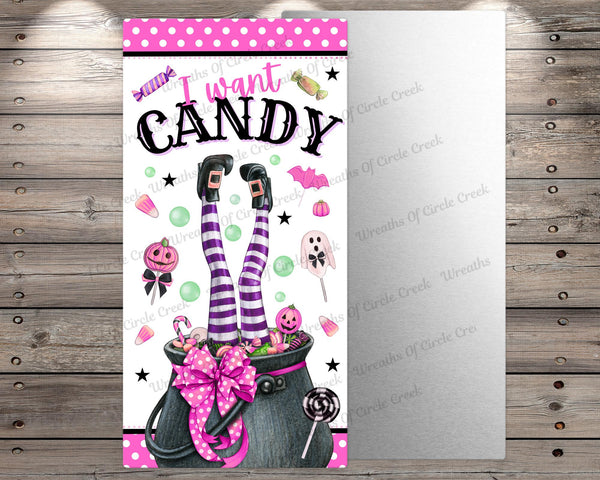 I Want Candy | 6" x 12" Halloween Sign | Lightweight Metal | Pink | No Holes in Sign | Fun Witch and Pumpkin Art for Halloween