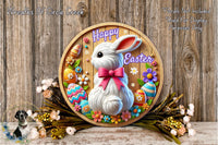 A wooden sign with a white bunny and Easter decorations, surrounded by flowers and other Easter-themed items, against a wooden background.