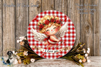 a round, red and white checkered plate with a smiling cupid holding a bow and arrow, surrounded by flowers and a banner that says "I Love you".