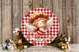 a round, red and white checkered plate with a smiling cupid holding a bow and arrow, surrounded by flowers and a banner that says "I Love you".