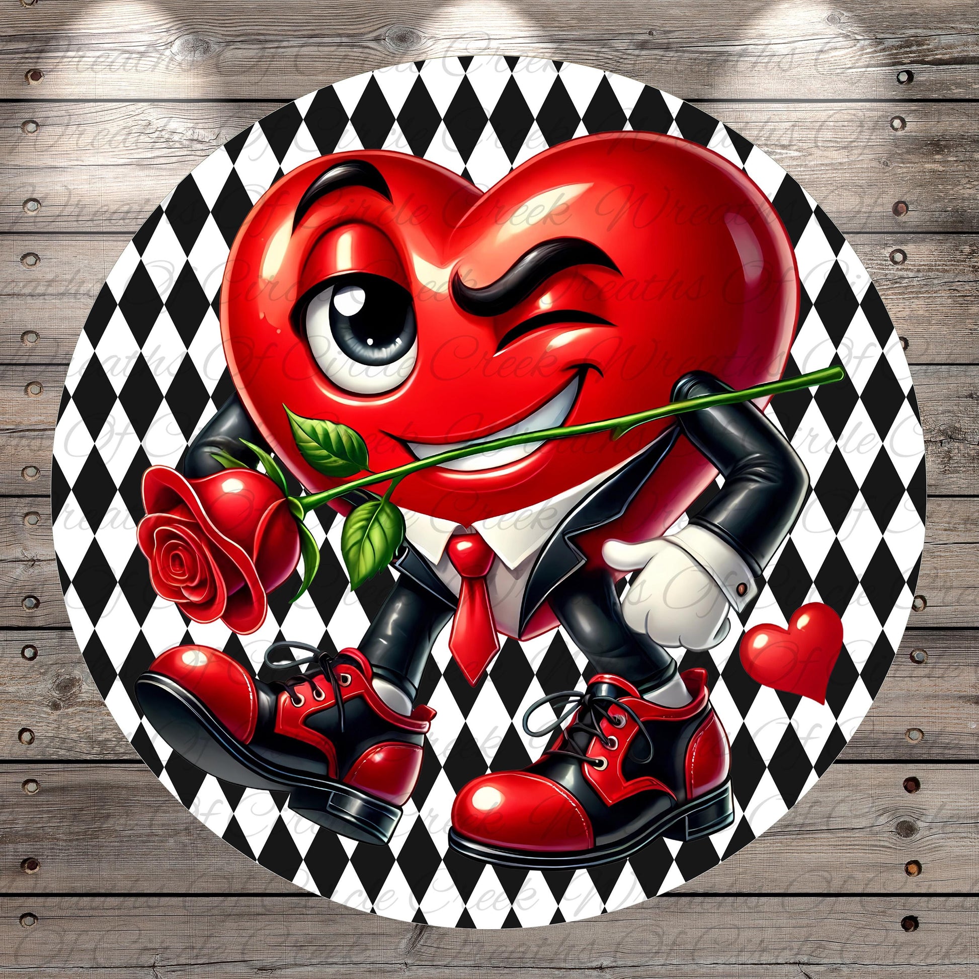 A red heart-shaped character with a mischievous expression is holding a rose and standing on a black and white checkered background.