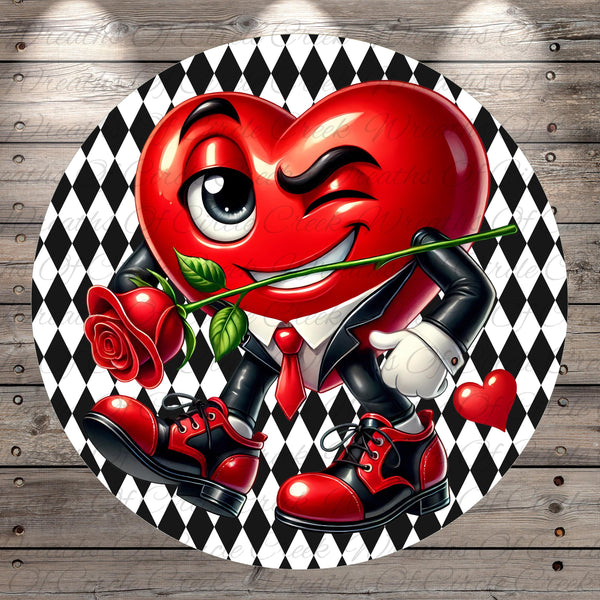 A red heart-shaped character with a mischievous expression is holding a rose and standing on a black and white checkered background.