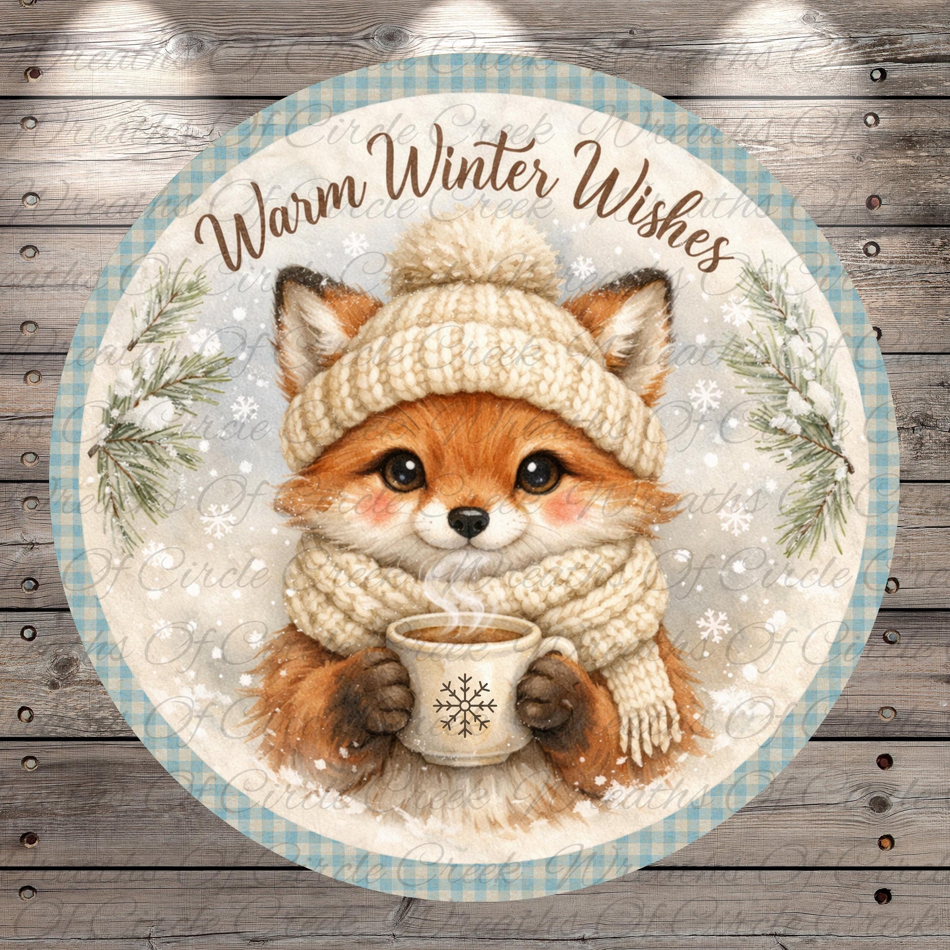 A cozy illustration of a fox wearing a winter hat and scarf, holding a cup of hot chocolate, with snowflakes and pine branches surrounding it.