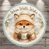 A cozy illustration of a fox wearing a winter hat and scarf, holding a cup of hot chocolate, with snowflakes and pine branches surrounding it.