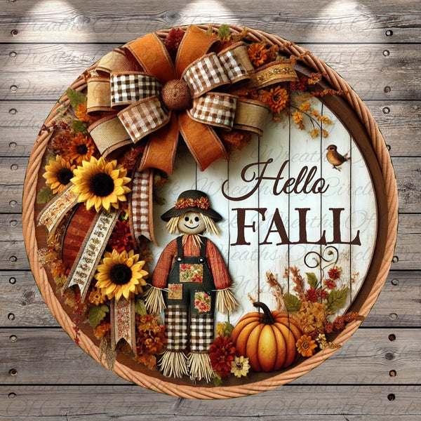 a fall wreath with a scarecrow and sunflowers