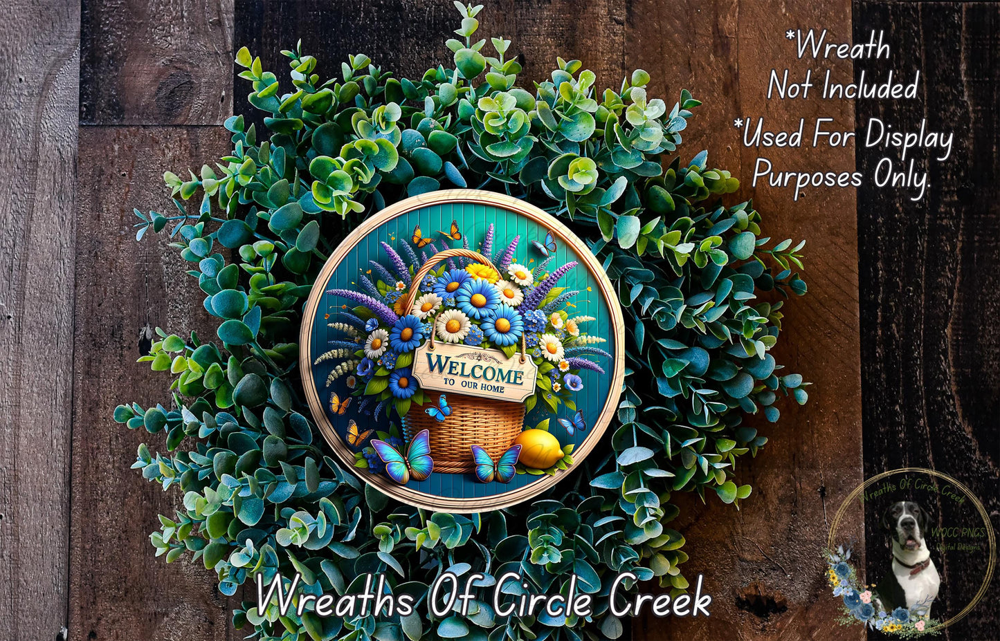a wreath with a "Welcome to our home" sign, surrounded by a lush green wreath and a basket of flowers. The wreath is displayed on a wooden wall, and there is a small dog in the bottom right corner of the image.