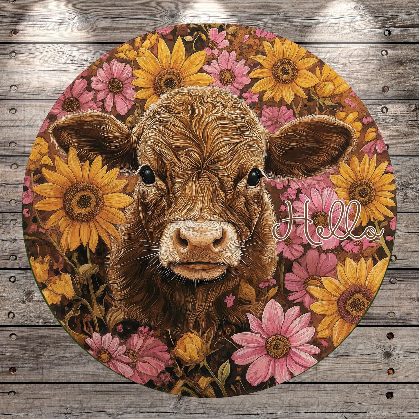 a painting of a brown cow surrounded by sunflowers