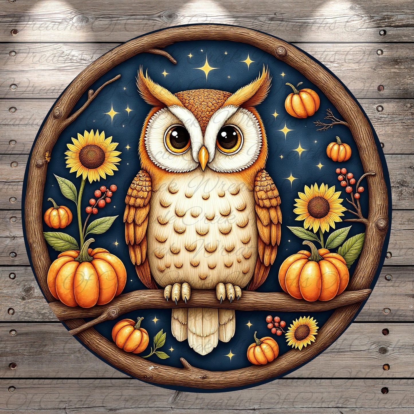 A detailed illustration of an owl perched on a branch, surrounded by autumnal elements such as pumpkins, sunflowers, and berries, all set against a starry night sky background.