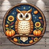 A detailed illustration of an owl perched on a branch, surrounded by autumnal elements such as pumpkins, sunflowers, and berries, all set against a starry night sky background.