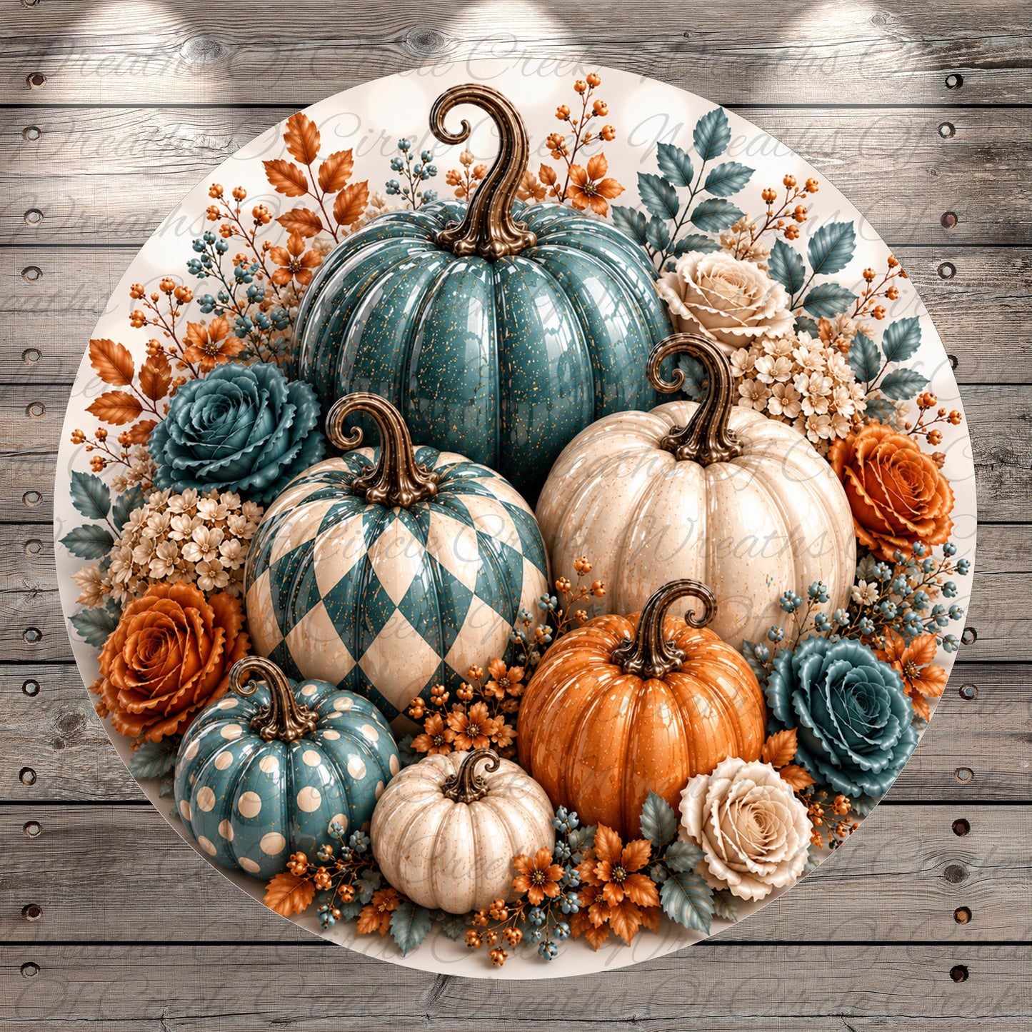 A circular arrangement of four pumpkins, each with a unique pattern, surrounded by various fall-themed decorations such as flowers and leaves.