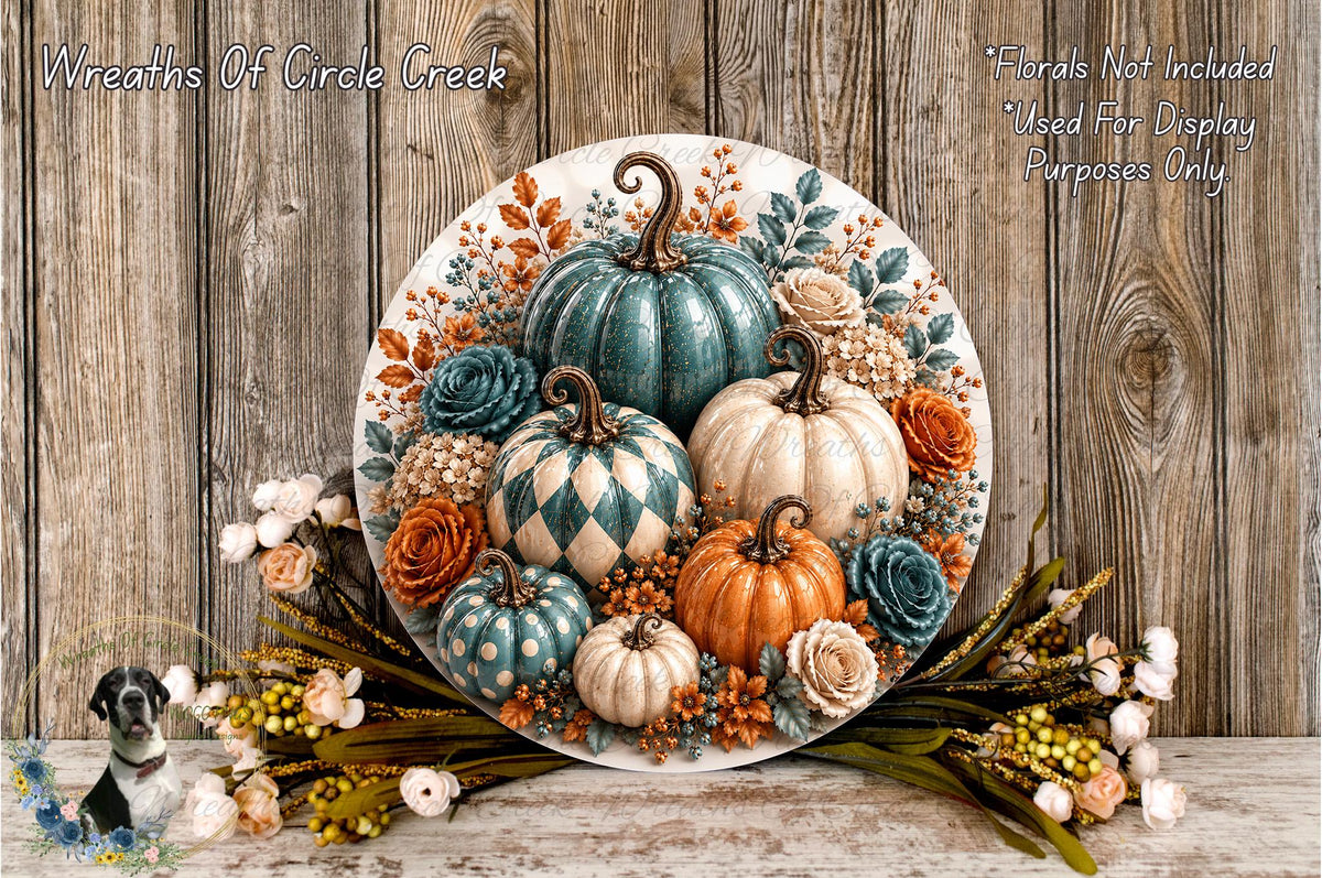 A decorative arrangement of pumpkins and flowers on a wooden surface, with a text overlay providing information about the use of the wreaths for display purposes only.