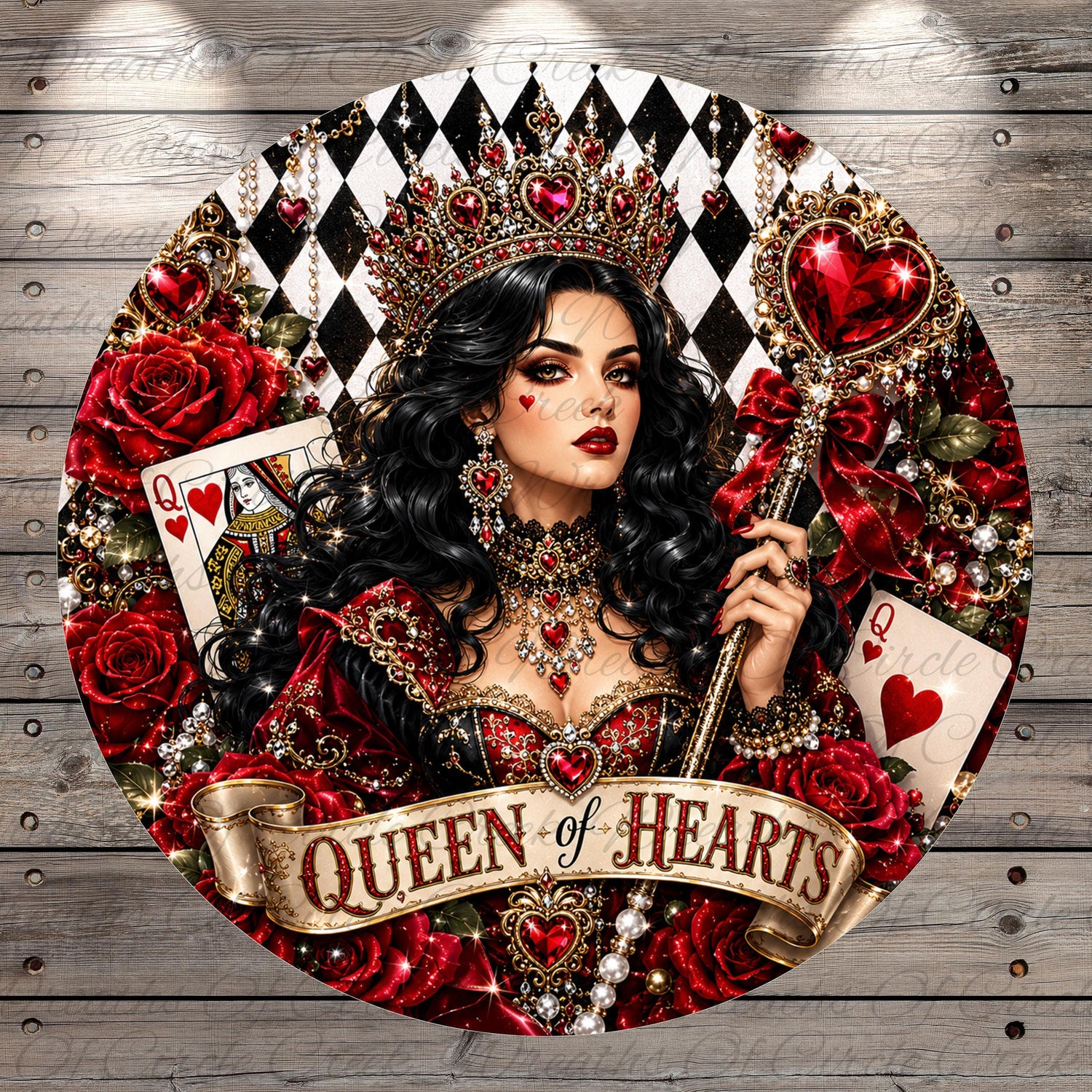 A woman wearing an elaborate red and gold crown, holding a red heart-shaped staff, surrounded by roses and playing cards.