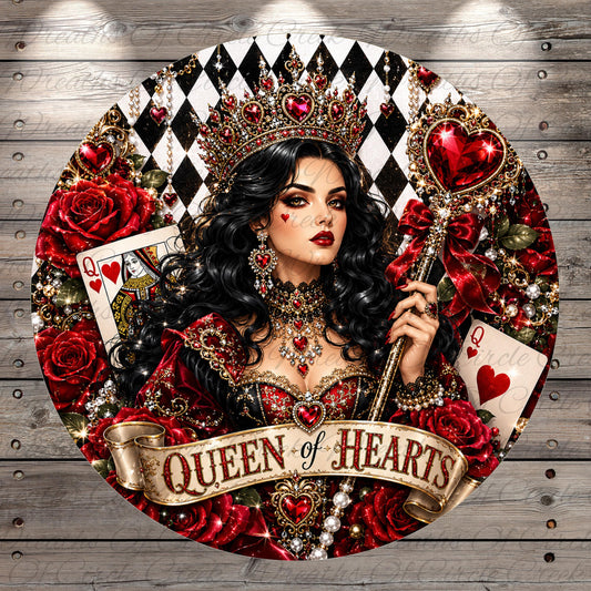 A woman wearing an elaborate red and gold crown, holding a red heart-shaped staff, surrounded by roses and playing cards.