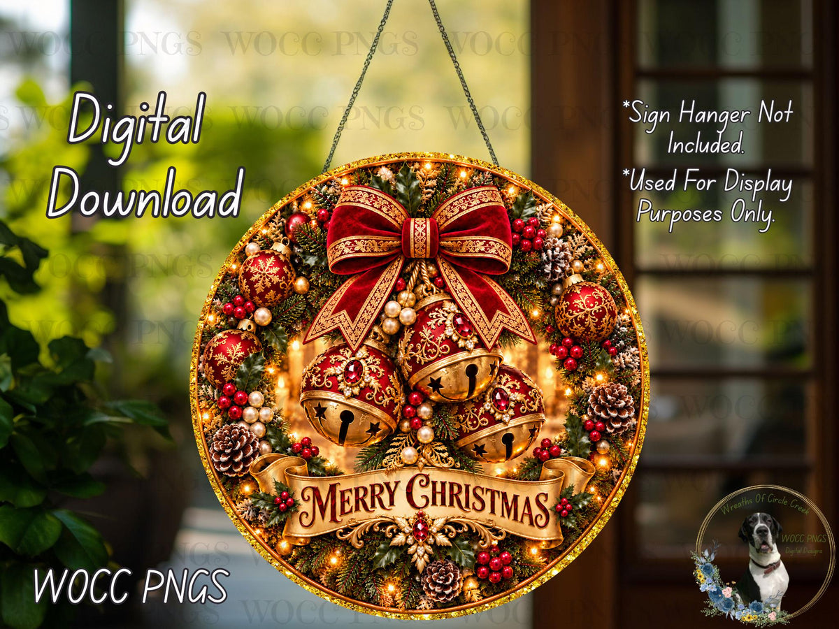 The image is a digital download of a Christmas wreath with bells and ornaments, displayed on a sign hanger.