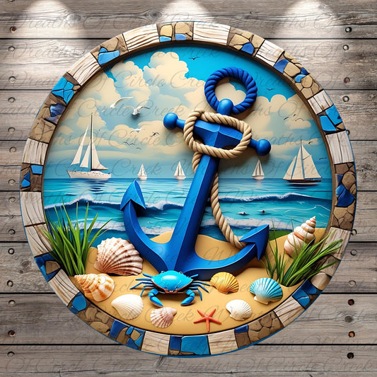 A circular wall hanging depicting a seascape with a large blue anchor, sailboats, and various marine life, including a crab and seashells, all set against a backdrop of a cloudy sky and ocean.