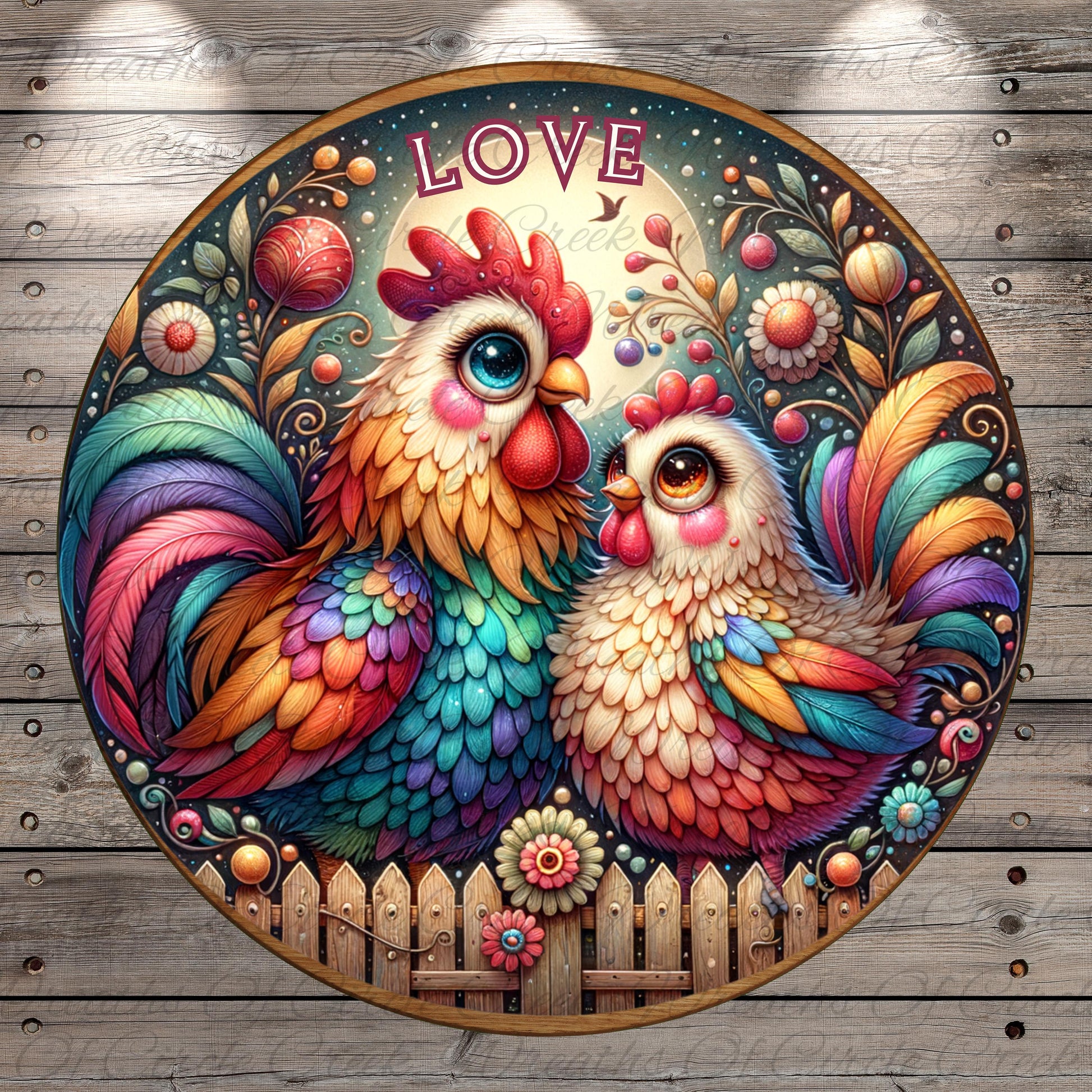 A colorful illustration of two vibrant roosters, one larger and one smaller, surrounded by a variety of flowers, leaves, and other natural elements. The word "LOVE" is prominently displayed above the roosters.