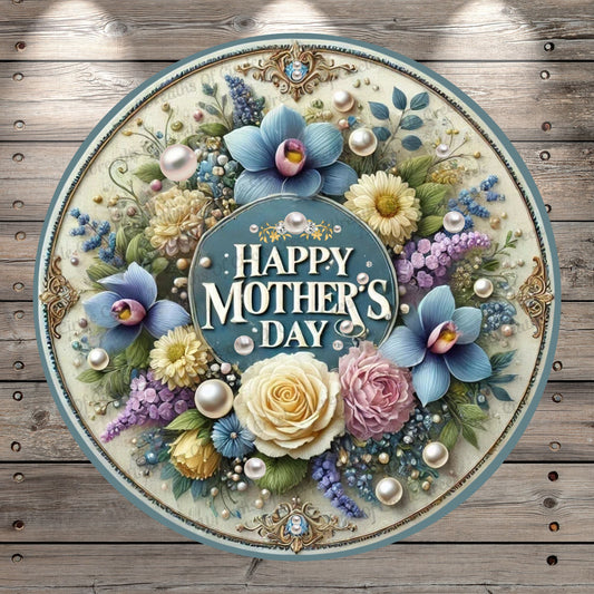Vintage Mother's Day Round Lightweight Metal Wreath Sign | Elegant Pearls & Florals, No Holes in Sign