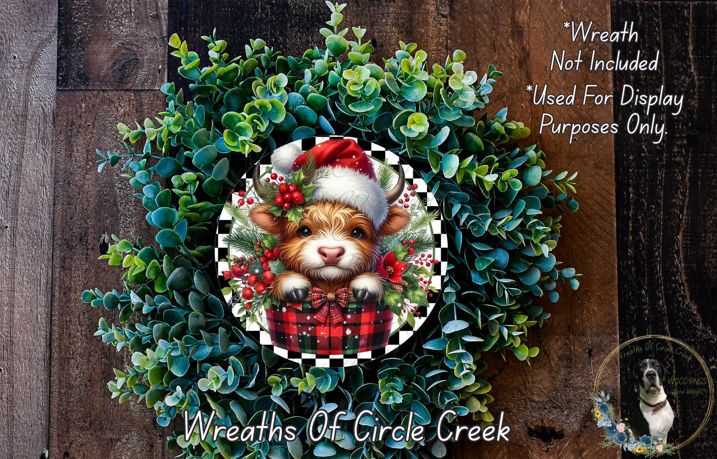 A wreath made of green plants and featuring a small dog wearing a Santa hat.