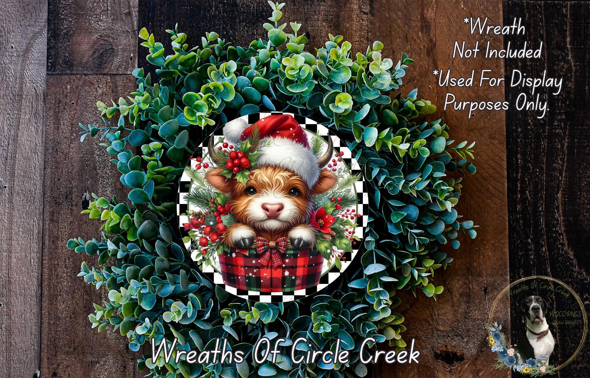 A wreath made of green plants and featuring a small dog wearing a Santa hat.