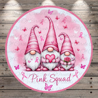 three pink gnomes holding pink roses and butterflies, with the text "Pink Squad" written below them.