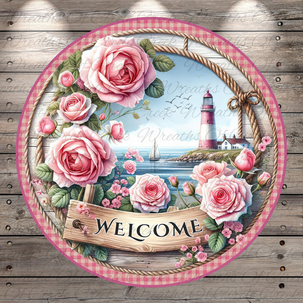 A circular welcome sign with a lighthouse, roses, and a wooden sign displaying the word "Welcome".