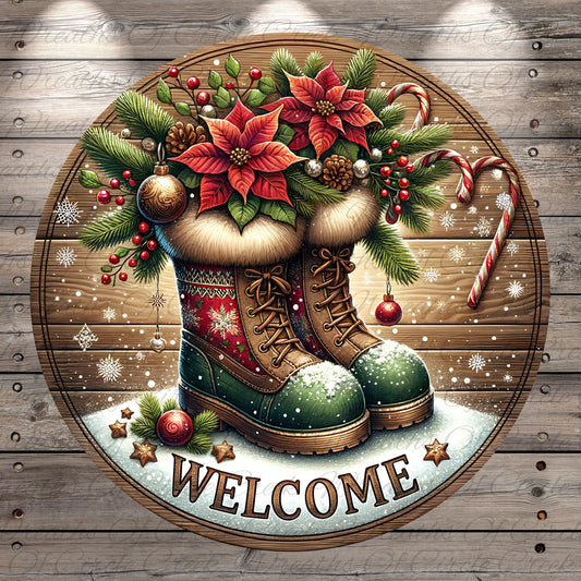 A festive Christmas-themed image featuring a pair of green boots adorned with red poinsettia flowers, surrounded by pine cones, berries, and candy canes, all set against a snowy background. The word "WELCOME" is prominently displayed in the center of the image.