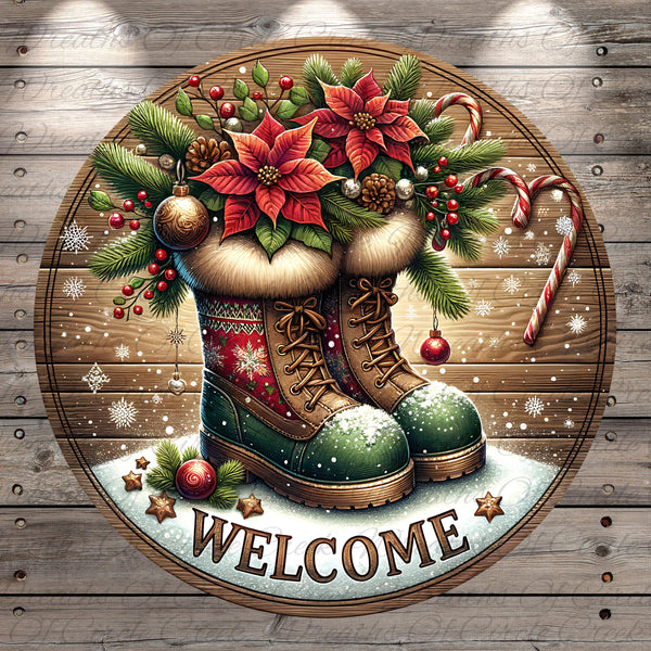 A festive Christmas-themed image featuring a pair of green boots adorned with red poinsettia flowers, surrounded by pine cones, berries, and candy canes, all set against a snowy background. The word &quot;WELCOME&quot; is prominently displayed in the center of the image.