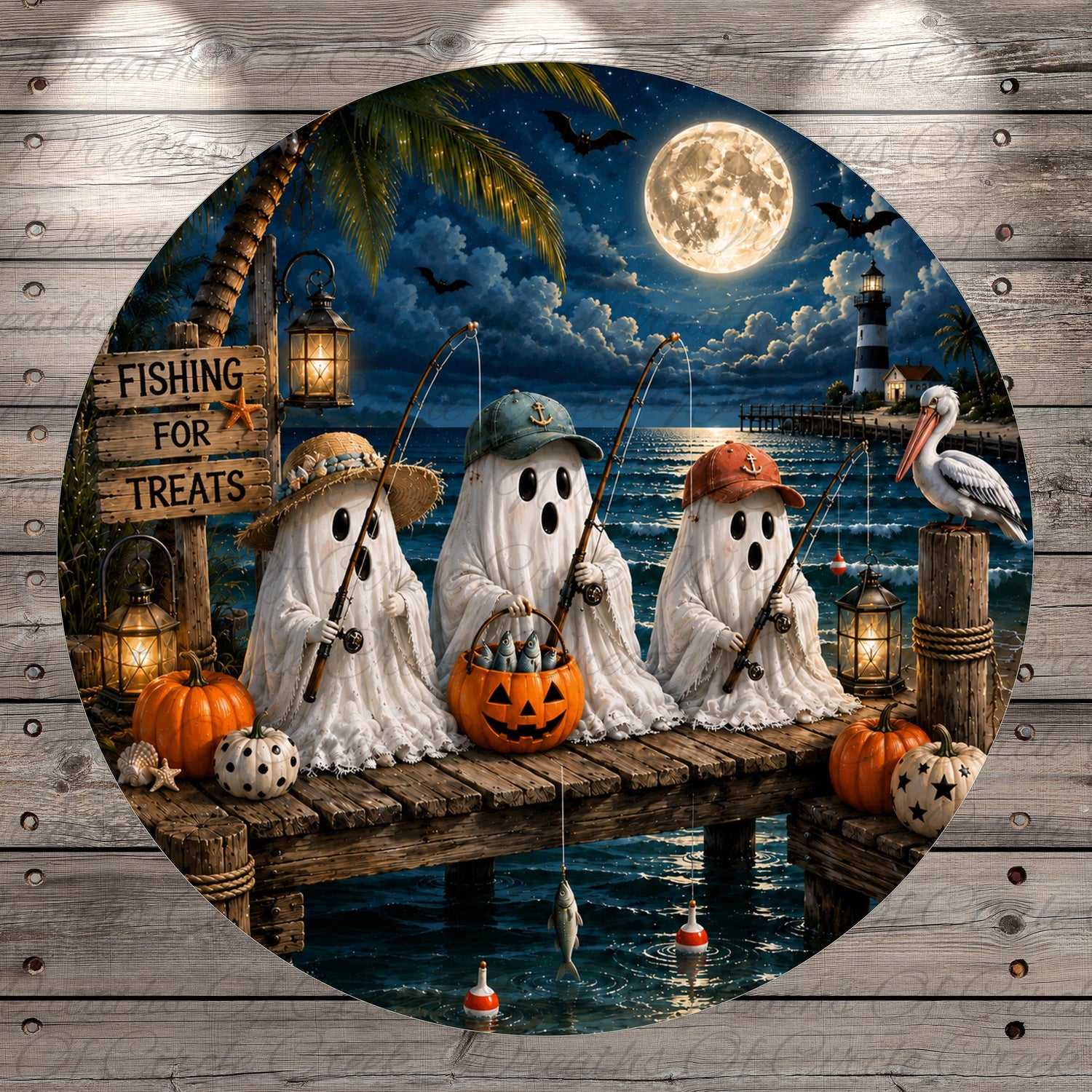 A Halloween-themed scene featuring three ghostly figures fishing on a wooden dock at night, with a full moon, lighthouse, and pumpkins in the background.