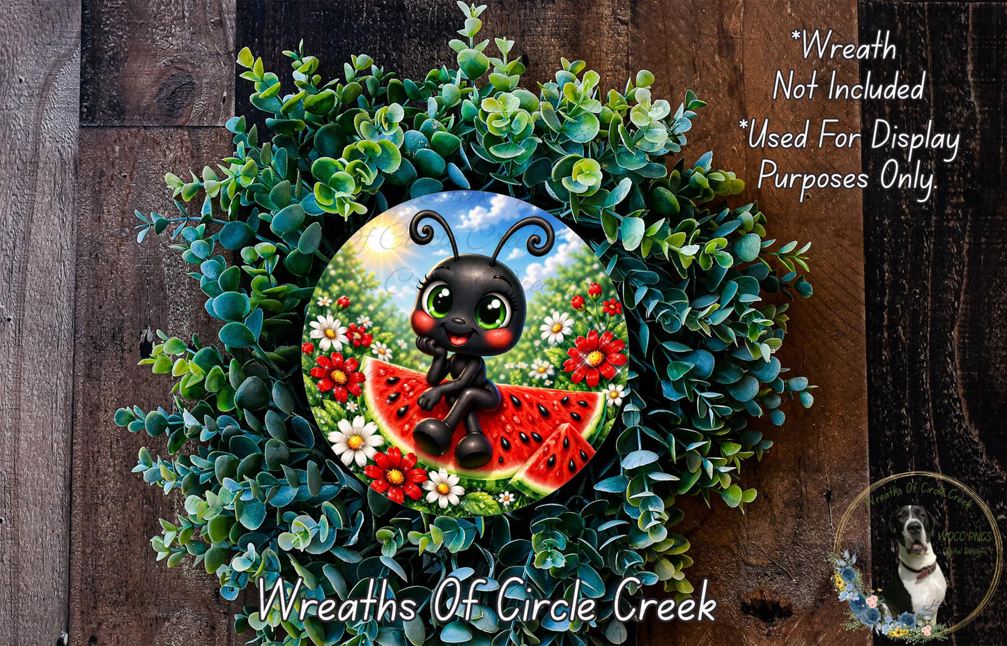A wreath made of green foliage and flowers, with a black cartoon ant sitting on a slice of watermelon in the center.