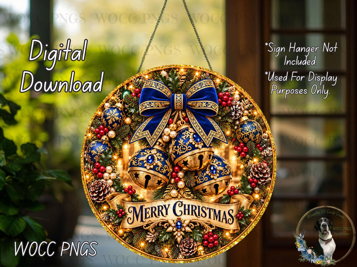 The image is a digital download of a Christmas wreath with bells and ornaments, featuring a "Merry Christmas" banner. The wreath is displayed on a hanger and is set against a blurred background, possibly a window or a garden.