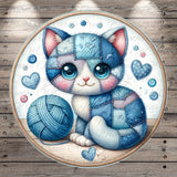 A whimsical illustration of a patchwork cat sitting on a wooden surface, surrounded by various sewing-related elements such as buttons, hearts, and a ball of yarn.