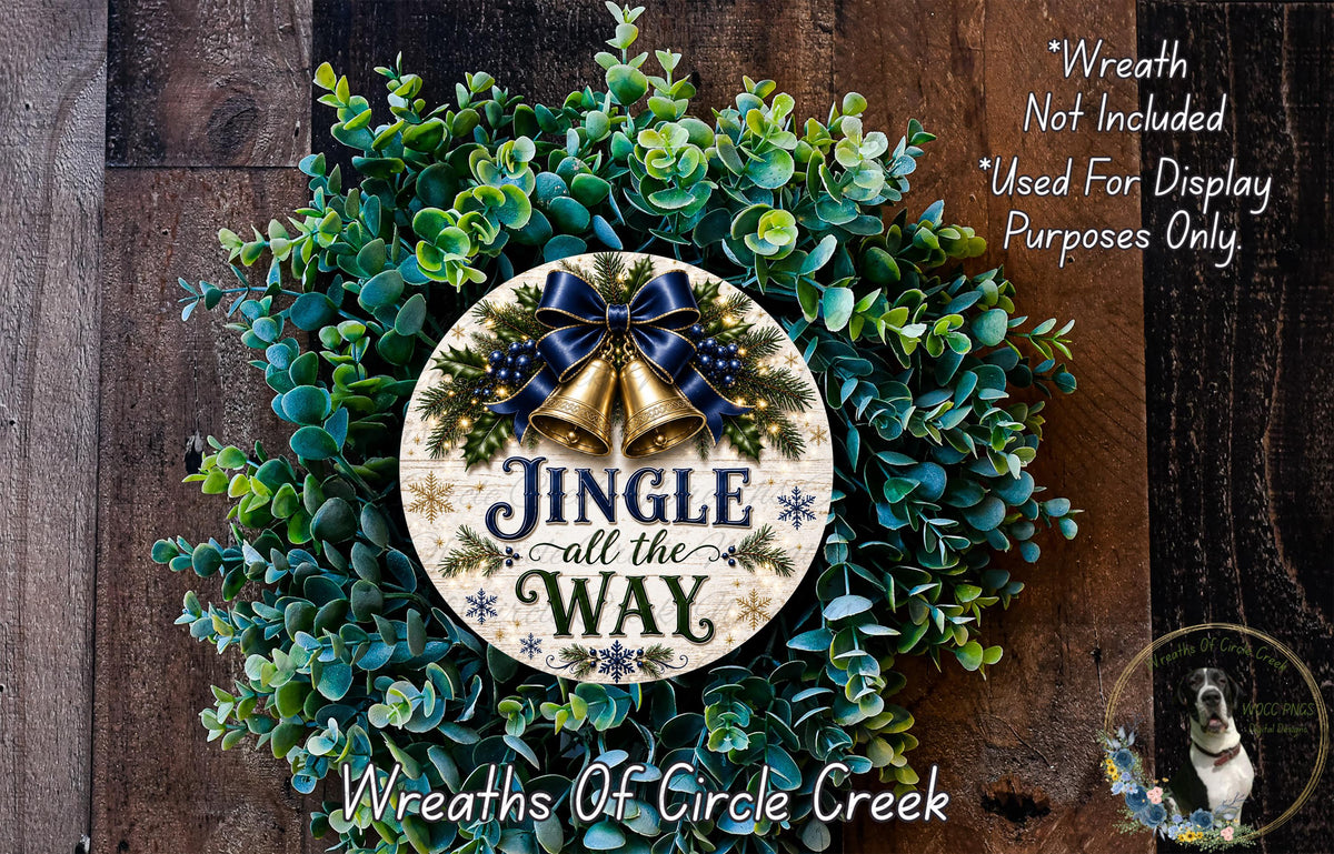 a festive Christmas wreath with a jingle bell design, surrounded by greenery and a wooden background.