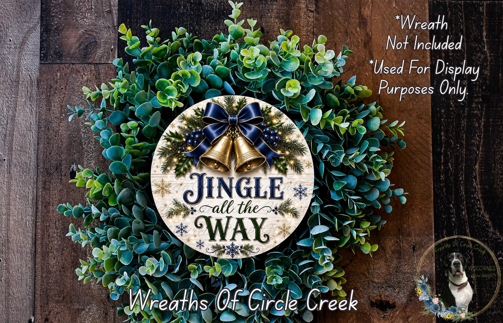a festive Christmas wreath with a jingle bell design, surrounded by greenery and a wooden background.