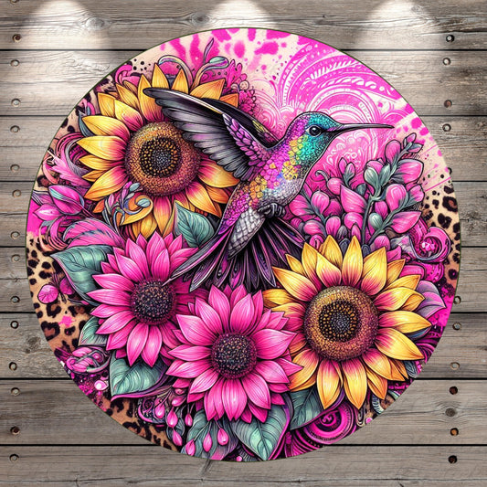a painting of a hummingbird and sunflowers on a wooden background