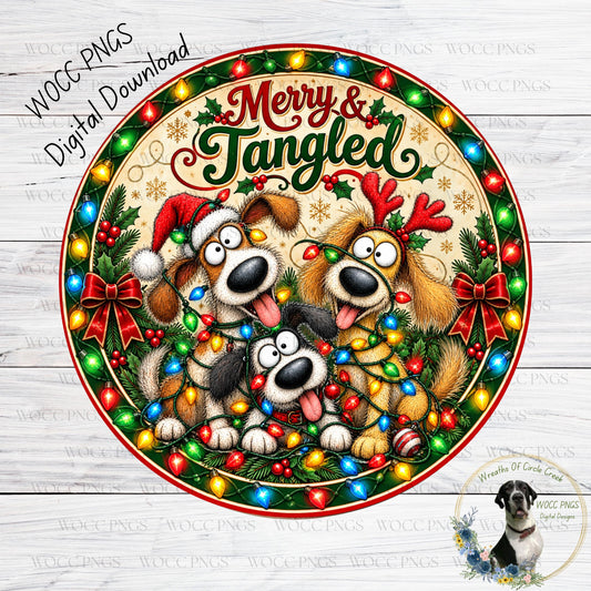 A festive Christmas-themed illustration featuring three dogs wearing Santa hats and surrounded by colorful Christmas lights and ornaments.
