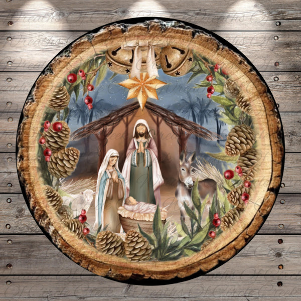 a picture of a nativity scene on a wooden wall