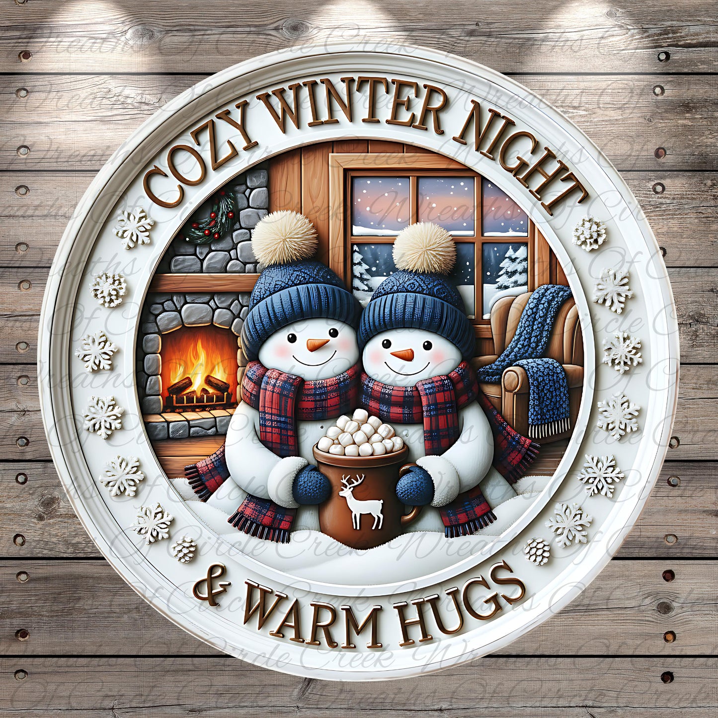 A cozy winter night scene featuring two snowmen sitting by a fireplace, with a mug of hot chocolate between them. The text "COZY WINTER NIGHT & WARM HUGS" is displayed around the snowmen, creating a warm and inviting atmosphere.